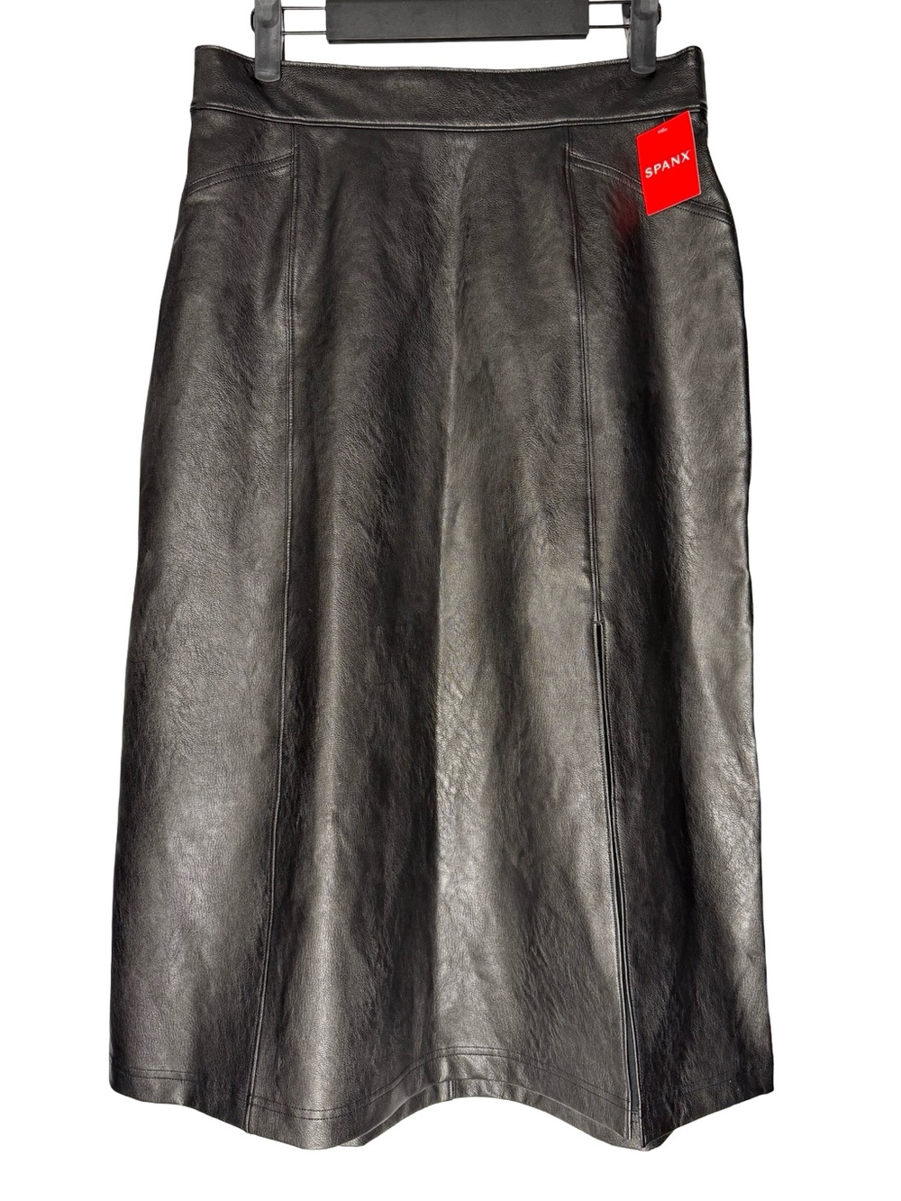 SPANX Leather-Like Midi Skirt Size Medium Black Pull On Slit Minimalist NWT